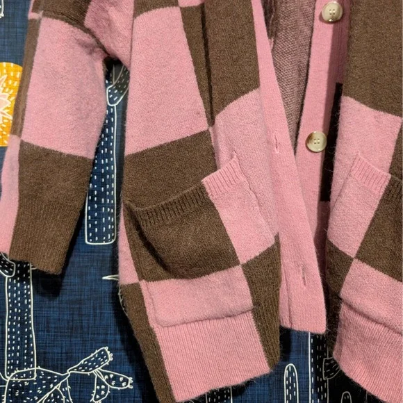 Dressed in Lala Oversized Checkboard Cardigan Sweater Brown Pink Women's Size S - Picture 4 of 9